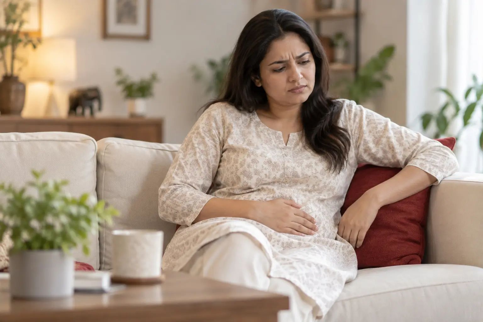 पेट में हल्की तकलीफ महसूस करता घर में बैठा व्यक्ति